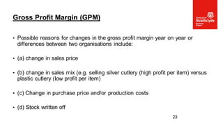 • Possible reasons for changes in the gross profit margin year on year or
differences between two organisations include:
• (a) change in sales price
• (b) change in sales mix (e.g. selling silver cutlery (high profit per item) versus
plastic cutlery (low profit per item)
• (c) Change in purchase price and/or production costs
• (d) Stock written off
Gross Profit Margin (GPM)
23
 