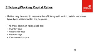 • Ratios may be used to measure the efficiency with which certain resources
have been utilised within the business.
• The most common ratios used are:
• Inventory days
• Receivables days
• Payables days
• Cash conversion cycle
Efficiency/Working Capital Ratios
35
 