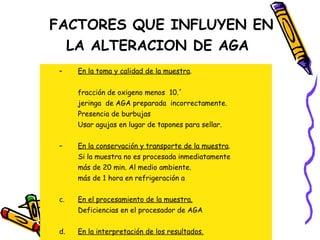 En la toma y calidad de la muestra . fracción de oxigeno menos  10.´ jeringa  de AGA preparada  incorrectamente. Presencia de burbujas  Usar agujas en lugar de tapones para sellar. En la conservación y transporte de la muestra . Si la muestra no es procesada inmediatamente más de 20 min. Al medio ambiente. más de 1 hora en refrigeración a  c. En el procesamiento de la muestra. Deficiencias en el procesador de AGA d. En la interpretación de los resultados. FACTORES QUE INFLUYEN EN LA ALTERACION DE AGA 