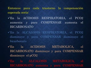 Entonces para cada trastorno la compensación
esperada sería:
En la ACIDOSIS RESPIRATORIA, el PCO2
aumenta y para COMPENSAR aumenta el
BICARBONATO
En la ALCALOSIS RESPIRATORIA, el PCO2
disminuye y para COMPENSAR disminuye el
bicarbonato
En la ACIDOSIS METABOLICA, el
BICARBONATO disminuye y para COMPENSAR
disminuye el pCO2
En la ALCALOSIS METABOLICA, el
BICARBONATO aumenta y para COMPENSAR
 