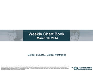 Weekly Chart Book
March 10, 2014
Global Clients…Global Portfolios
disclosure: The opinions expressed in this Weekly Chart Book report are those of the author. The materials and commentary are strictly informational and should be used for
research use only. This bulletin is not intended to provide investing or other advice or guidance with respect to the matters addressed in the bulletin. All relevant facts,
including individual circumstances, need to be considered by the reader to arrive at investment conclusions that comply with matters addressed in this bulletin. Charts and
information used in this report are sourced from Bloomberg.
 