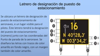 Letrero de designación de puesto de
estacionamiento
Se ubicara un letrero de designación de
puesto de estacionamiento de
aeronaves, e un lugar visible para el
piloto. Éste letrero tendrá la designación
del puesto de estacionamiento
(número) junto con las coordenadas del
Punto de parada de la aeronave. Se
diseñara las letras con trazos de color
amarillo en fondo negro, con un margen
también de color amarillo.
 
