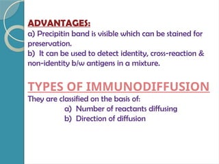 ADVANTAGES:
a) Precipitin band is visible which can be stained for
preservation.
b) It can be used to detect identity, cross-reaction &
non-identity b/w antigens in a mixture.
TYPES OF IMMUNODIFFUSION
They are classified on the basis of:
a) Number of reactants diffusing
b) Direction of diffusion
 