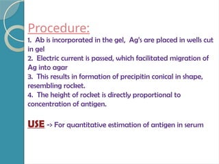 Procedure:
1. Ab is incorporated in the gel, Ag’s are placed in wells cut
in gel
2. Electric current is passed, which facilitated migration of
Ag into agar
3. This results in formation of precipitin conical in shape,
resembling rocket.
4. The height of rocket is directly proportional to
concentration of antigen.
USE -> For quantitative estimation of antigen in serum
 