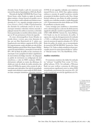 Comparação da ativação mioelétrica 
eletrodos foram fi xados à pele do executante por 
meio de fi ta adesiva hipoalergênica (3M Ltda, Brasil). 
Eletrodos de Ag/AgCl (KOBME Bio Protec Corp, 
Korea) foram, então, fi xados na região do músculo 
glúteo máximo e bíceps femoral em paralelo com as 
fi bras musculares, sendo utilizada uma distância inter-eletrodos 
de 2 cm, segundo estratégia proposta por 
CRAM, KASMAN e HOLTZ (1998). O posicionamento 
dos eletrodos foi confi rmado através de testes de 
contração isométrica voluntária máxima associada à 
palpação manual. Em ambos os exercícios, os eletrodos 
foram posicionados no membro inferior direito, sendo 
que no AF esse permaneceu à frente do esquerdo. 
Os sinais eletromiográficos foram filtrados no 
sentido direto e reverso, para evitar distorções de 
fase, por um fi ltro Butterworth de 4a. ordem com 
frequências de corte inferior e superior de 20 Hz e 400 
Hz, respectivamente, sendo calculado um valor de Raiz 
Média Quadrática parcial (Root Mean Square, RMSp), 
a partir do sinal mioelétrico, amostrado no intervalo de 
60º a 90º de fl exão do joelho na fase concêntrica da 
exercitação. Com o propósito de reduzir a signifi cância 
da interveniência da fadiga muscular e da adequação 
ao padrão de movimento na confi guração do sinal 
mioelétrico, o valor de RMS resultante (RMSr), 
efetivamente utilizado no exame das diferenças, foi 
obtido por meio do cálculo da média aritmética dos 
valores de RMSp dos quatro ciclos centrais de toda a 
exercitação, para cada sujeito. Este valor foi normalizado 
usando como referência a maior média do RMS obtido 
em duas contrações isométricas voluntárias máximas 
(CIVM) de seis segundos, realizadas com resistência 
manual (PEREIRA et al., 2010). Para o glúteo máximo 
realizou-se extensão de quadril isométrica resistida 
em posição de decúbito ventral no solo. Para o bíceps 
femoral realizou-se uma fl exão de joelho isométrica 
resistida com o indivíduo sentado e o joelho fl exionado 
a 45º. O processamento dos sinais obtidos nas CIVMs 
foi semelhante ao descrito acima. 
Como estratégia para estabelecer o sincronismo 
entre o eletromiograma e o decurso do deslocamento 
angular foi utilizado o sinal de um goniômetro fl exível 
(TSD 130B, BIOPAC Systems Inc, Santa Bárbara, 
CA) fi xado no eixo de movimento do joelho. A 
captura dos sinais da eletrogoniometria foi realizada 
a 2 kHz e a calibração do goniômetro foi feita por 
meio de amostras de registros coletados a 0º e 90º de 
fl exão do joelho, de acordo com as recomendações 
do manual do MP100 (BIOPAC Systems Inc, Santa 
Barbara, CA). Todos os dados mioelétricos foram pro-cessados 
através de rotinas desenvolvidas no “softwa-re” 
MatLab (versão 7.0.4, The MathWorks, USA). 
Análise estatística 
O tratamento estatístico dos dados foi realizado 
no “software” GraphPad Prim versão 5.0 (Gra-phPad 
software, EUA). Foi utilizado o Wilcoxon 
Rank test para verifi car a presença de diferenças 
estatisticamente signifi cantes entre os valores RMS 
normalizados provenientes dos exercícios AP e AF, 
sendo considerado um nível de signifi cância de 5%. 
A = Posição inicial do 
agachamento com pés 
paralelos (AP); 
B = Posição fi nal do AP; 
C = Posição inicial do 
agachamento com pas-sada 
à frente (AF); 
D = Posição fi nal do AF. 
Rev. bras. Educ. Fís. Esporte, São Paulo, v.26, n.3, p.383-89, jul./set. 2012 • 385 
FIGURA 1 - Exercícios realizados no estudo. 
 