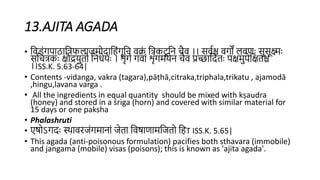 13.AJITA AGADA
• हिडंगिाठाहत्फलाजमोदाहिंगूहि िि
ं हत्कटू हि चैि ।। सििश्च िगों लिणाः सुसूक्ष्माः
सहचत्काः क्ौद्रयुिो हिधेयाः । शंगे गिां शंगमयेि चैि प्रर्च्ाहदिाः िक्मुिेहक्िश्च
।।SS.K. 5.63-64|
• Contents -vidanga, vakra (tagara),pāṭhā,citraka,triphala,trikatu , ajamodā
,hingu,lavana varga .
• All the ingredients in equal quantity should be mixed with kṣaudra
(honey) and stored in a śriga (horn) and covered with similar material for
15 days or one paksha
• Phalashruti
• एषोऽगदाः स्थािरजंगमािां जेिा हिषाणामहजिो हिT ISS.K. 5.65|
• This agada (anti-poisonous formulation) pacifies both sthavara (immobile)
and jangama (mobile) visas (poisons); this is known as 'ajita agada'.
 