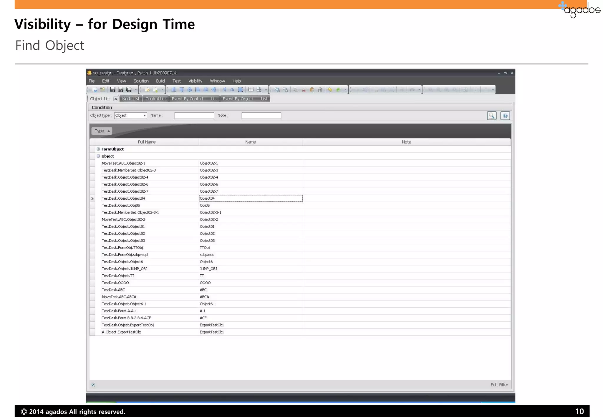 Ⓒ 2014 agados All rights reserved. 10
Visibility – for Design Time
Find Object
 