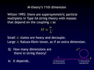 M-theory’s 11th dimension
Witten 1995: there are supersymmetric particle
multiplets in Type IIA string theory with masses
that depend on the coupling  as
Small : states are heavy and decouple.
Large : Kaluza-Klein tower, as if an extra dimension.
Q: How many dimensions are
there in string theory?
A: It depends.
x11

10 dimensional
IIA string theory
11 dimensional
supergravity
 