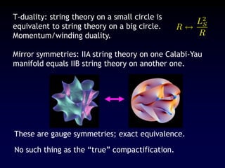 T-duality: string theory on a small circle is
equivalent to string theory on a big circle.
Momentum/winding duality.
Mirror symmetries: IIA string theory on one Calabi-Yau
manifold equals IIB string theory on another one.
These are gauge symmetries; exact equivalence.
No such thing as the “true” compactification.
 