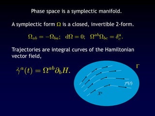 Phase space is a symplectic manifold.
A symplectic form  is a closed, invertible 2-form.
Trajectories are integral curves of the Hamiltonian
vector field,

a(t)
Xa
 