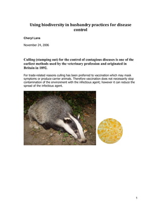 Using biodiversity in husbandry practices for disease
                           control
Cheryl Lans

November 24, 2006



Culling (stamping out) for the control of contagious diseases is one of the
earliest methods used by the veterinary profession and originated in
Britain in 1892.

For trade-related reasons culling has been preferred to vaccination which may mask
symptoms or produce carrier animals. Therefore vaccination does not necessarily stop
contamination of the environment with the infectious agent; however it can reduce the
spread of the infectious agent.




                                                                                        1
 