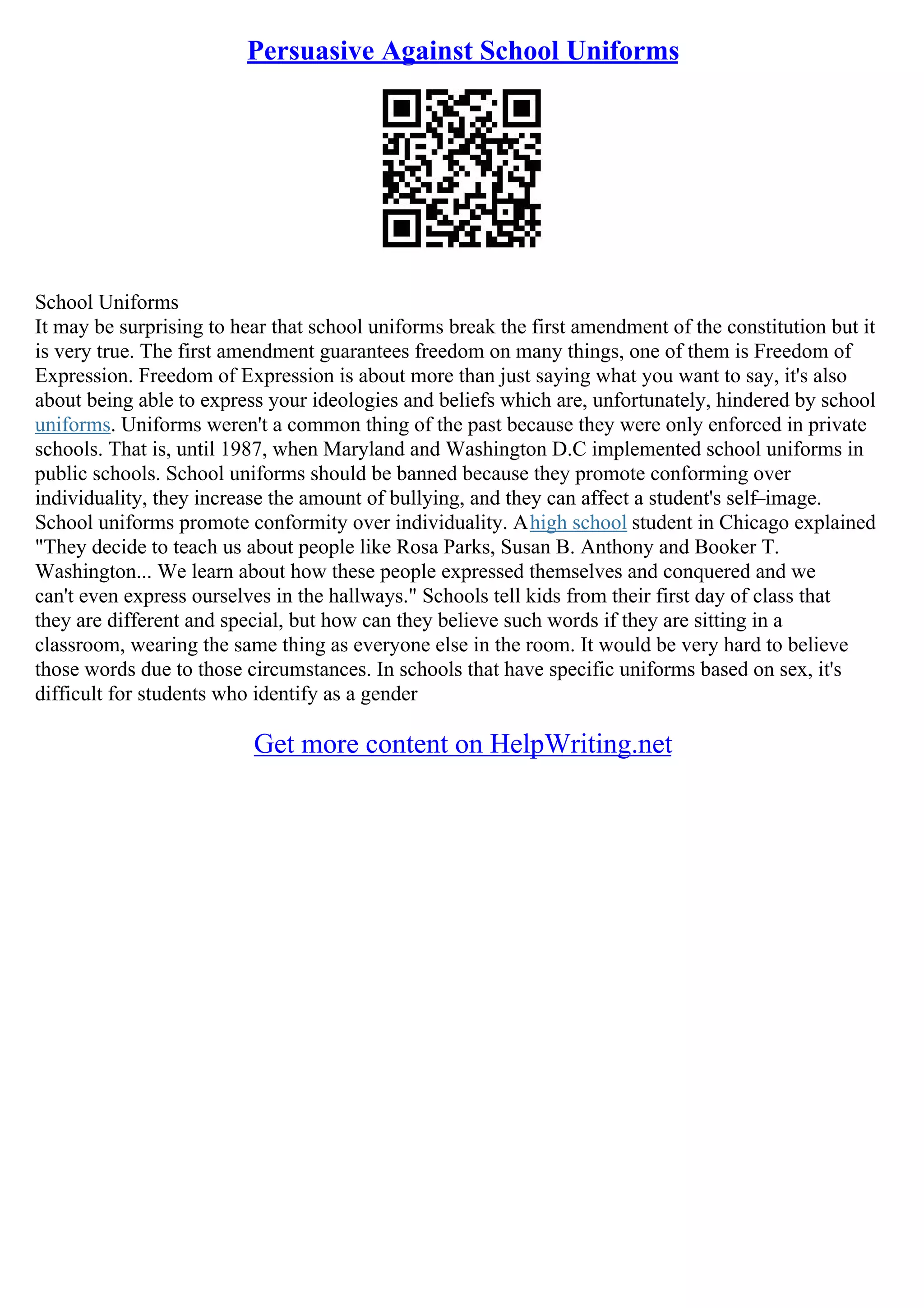 Against School Uniforms Essay PDF