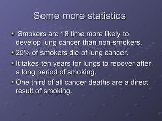 Some more statistics   Smokers are 18 time more likely to develop lung cancer than non-smokers. 25% of smokers die of lung cancer. It takes ten years for lungs to recover after a long period of smoking. One third of all cancer deaths are a direct result of smoking. 