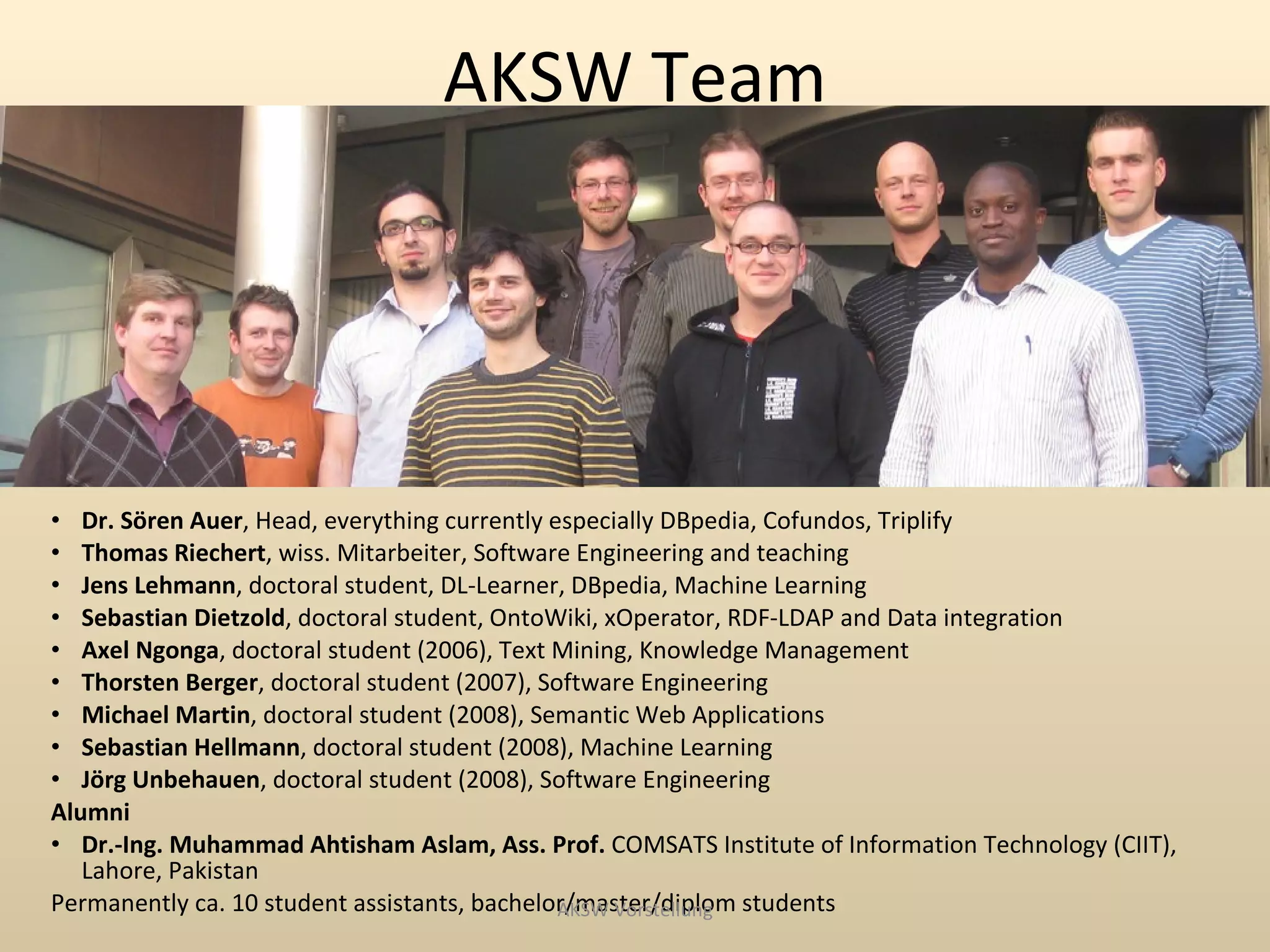 AKSW Team




• Dr. Sören Auer, Head, everything currently especially DBpedia, Cofundos, Triplify
• Thomas Riechert, wiss. Mitarbeiter, Software Engineering and teaching
• Jens Lehmann, doctoral student, DL-Learner, DBpedia, Machine Learning
• Sebastian Dietzold, doctoral student, OntoWiki, xOperator, RDF-LDAP and Data integration
• Axel Ngonga, doctoral student (2006), Text Mining, Knowledge Management
• Thorsten Berger, doctoral student (2007), Software Engineering
• Michael Martin, doctoral student (2008), Semantic Web Applications
• Sebastian Hellmann, doctoral student (2008), Machine Learning
• Jörg Unbehauen, doctoral student (2008), Software Engineering
Alumni
• Dr.-Ing. Muhammad Ahtisham Aslam, Ass. Prof. COMSATS Institute of Information Technology (CIIT),
   Lahore, Pakistan
Permanently ca. 10 student assistants, bachelor/master/diplom students
                                              AKSW Vorstellung
 