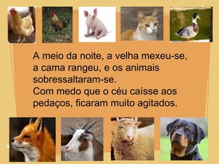 A meio da noite, a velha mexeu-se, a cama rangeu, e os animais  sobressaltaram-se. Com medo que o céu caísse aos  pedaços, ficaram muito agitados. 