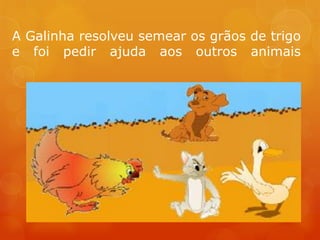 A Galinha resolveu semear os grãos de trigo
e foi pedir ajuda aos outros animais
 