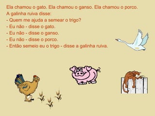 Ela chamou o gato. Ela chamou o ganso. Ela chamou o porco. 
A galinha ruiva disse: 
- Quem me ajuda a semear o trigo? 
- Eu não - disse o gato. 
- Eu não - disse o ganso. 
- Eu não - disse o porco. 
- Então semeio eu o trigo - disse a galinha ruiva. 
 