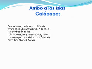 Después nos trasladamos al Puerto
Ayora en la Isla Santa Cruz. Y de ahí a
la distribución de las
habitaciones, luego almorzamos, y nos
alistamos para ir a visitar a La Estación
Científica Charles Darwin
 
