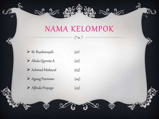 NAMA KELOMPOK 
 M. Rusdiansyah (01) 
 Abida Qurrota A (02) 
 Achmad Misbacul (03) 
 Agung Purnomo (04) 
 Alfindo Prayogo (05) 
 