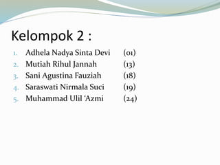 Kelompok 2 :
1. Adhela Nadya Sinta Devi (01)
2. Mutiah Rihul Jannah (13)
3. Sani Agustina Fauziah (18)
4. Saraswati Nirmala Suci (19)
5. Muhammad Ulil ‘Azmi (24)