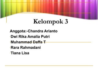 Kelompok 3
Anggota:--Chandra Arianto
-Dwi Rika Amalia Putri
-Muhammad Daffa T
-Rara Rahmadani
-Tiana Lisa
 