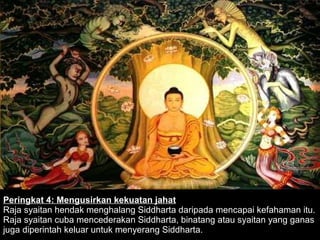 Peringkat 4: Mengusirkan kekuatan jahat Raja syaitan hendak menghalang Siddharta daripada mencapai kefahaman itu. Raja syaitan cuba mencederakan Siddharta, binatang atau syaitan yang ganas juga diperintah keluar untuk menyerang Siddharta. 