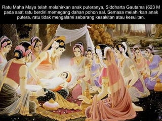 Ratu Maha Maya telah melahirkan anak puteranya, Siddharta Gautama (623 M pada saat ratu berdiri memegang dahan pohon sal. Semasa melahirkan anak putera, ratu tidak mengalami sebarang kesakitan atau kesulitan. 