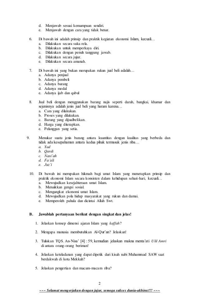 Soal Agama Tentang Prinsip Dan Praktik Ekonomi Islam
