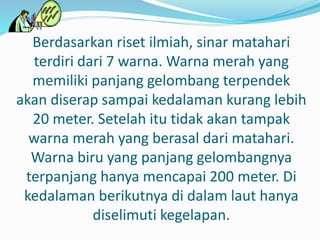 Berdasarkan riset ilmiah, sinar matahari
terdiri dari 7 warna. Warna merah yang
memiliki panjang gelombang terpendek
akan diserap sampai kedalaman kurang lebih
20 meter. Setelah itu tidak akan tampak
warna merah yang berasal dari matahari.
Warna biru yang panjang gelombangnya
terpanjang hanya mencapai 200 meter. Di
kedalaman berikutnya di dalam laut hanya
diselimuti kegelapan.
 
