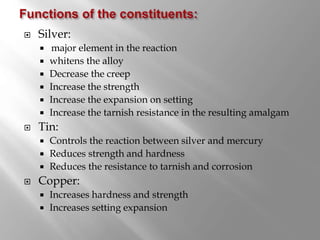  Silver:
 major element in the reaction
 whitens the alloy
 Decrease the creep
 Increase the strength
 Increase the expansion on setting
 Increase the tarnish resistance in the resulting amalgam
 Tin:
 Controls the reaction between silver and mercury
 Reduces strength and hardness
 Reduces the resistance to tarnish and corrosion
 Copper:
 Increases hardness and strength
 Increases setting expansion
 
