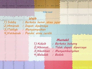 Wajib
1) Siddiq : Berkata benar atau jujur
2)Amanah : Dapat dipercaya
3)Tabligh : Menyampaikan
4)Fathanah : Pandai atau cerdik
Mustahil
1) Kidzib : Berkata bohong
2)Khianat : Tidak dapat dipercaya
3)Khidman : Menyembunyikan
4)Baladah : Bodoh
Sifat rasul
 