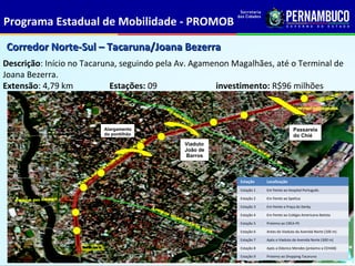 Programa Estadual de Mobilidade - PROMOB

Corredor Norte-Sul – Tacaruna/Joana Bezerra
Descrição: Início no Tacaruna, seguindo pela Av. Agamenon Magalhães, até o Terminal de
Joana Bezerra.
Extensão: 4,79 km           Estações: 09              investimento: R$96 milhões




                                                           Estação     Localização
                                                           Estação 1   Em frente ao Hospital Português

                                                           Estação 2   Em frente ao Spettus

                                                           Estação 3   Em frente a Praça do Derby

                                                           Estação 4   Em frente ao Colégio Americano Batista

                                                           Estação 5   Próximo ao CREA-PE

                                                           Estação 6   Antes do Viaduto da Avenida Norte (100 m)

                                                           Estação 7   Após o Viaduto da Avenida Norte (300 m)

                                                           Estação 8   Após a Odorico Mendes (próximo a CEHAB)

                                                           Estação 9   Próximo ao Shopping Tacaruna
 