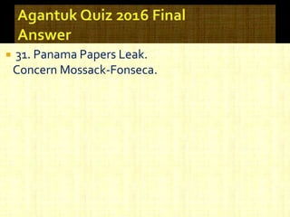  31. Panama Papers Leak.
Concern Mossack-Fonseca.
 