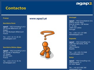 Portugal
França                         www.agap2.pt
                                              agap2 – HIQ Consultadoria S.A.
                                              Edifício Picoas Plaza
Escritório Paris
                                              Rua do Viriato, 13E Núcleo
                                              6 - 3º Dto
agap2 – HIQ Consulting S.A.S
                                              1050-233 Lisboa
54 rue de Billancourt (5º
                                              Portugal
étage)
92 100 Boulogne-Billancourt
                                              Tel.: +351 213 137 680
France
                                              lisboa@agap2.com
Tel.: +33 1 41 31 20 20
paris@agap2.com                               Espanha

                                              agap2 – HIQ Consulting S.A.
                                              Calle San Bernardo, Nº20
                                              1º Planta
Escritório Rhône Alpes                        28015 Madrid
                                              España
agap2 – HIQ Consulting S.A.S
83 rue de la république                       Tel. : +34 670 713 948
(5º étage)                                    madrid@agap2.com
69 002 Lyon
France                                        Suíça

Tel.: +33 4 72 31 70 70                       agap2 – HIQ Consulting A.G.
lyon@agap2.com                                Stänzlergasse, 4
                                              CH 4051 Basel

                                              Tel. : +41 612 056 200
                                              bale@agap2.com
 