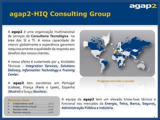 A agap2 é uma organização multinacional
de serviços de Consultoria Tecnológica na
área dos SI e TI. A nossa capacidade de
intervir globalmente e experiência garantem
inequivocamente a qualidade da resposta aos
desafios dos nossos clientes.

A nossa oferta é sustentada por 4 Unidades
Técnicas : Integration Services, Solutions
Delivery, Information Technology e Training
Center.
                                                             Projectos em todo o mundo
A agap2 tem escritórios em Portugal
(Lisboa), França (Paris e Lyon), Espanha
(Madrid) e Suíça (Basileia).

Números-Chave                           A equipa da agap2 tem um elevado know-how técnico e
•   Colaboradores 2008…………………..480 p    funcional nos mercados da Energia, Telco, Banca, Seguros,
•   Colaboradores 2009 (p)………………620 p
•   Receitas 2008……….………………… €19M
                                        Administração Pública e Indústria.
•   Receitas 2009 (p)…………….………..€30M
                                                                                               3
 