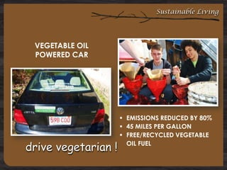Sustainable Living

VEGETABLE OIL
POWERED CAR

drive vegetarian !

 EMISSIONS REDUCED BY 80%
 45 MILES PER GALLON
 FREE/RECYCLED VEGETABLE
OIL FUEL

 
