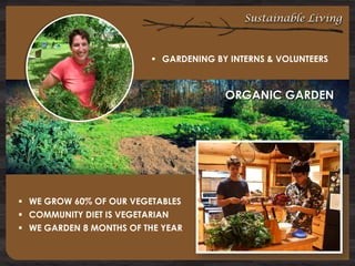 Sustainable Living

 GARDENING BY INTERNS & VOLUNTEERS

ORGANIC GARDEN

 WE GROW 60% OF OUR VEGETABLES
 COMMUNITY DIET IS VEGETARIAN
 WE GARDEN 8 MONTHS OF THE YEAR

 