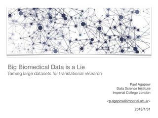 Big Biomedical Data is a Lie

Taming large datasets for translational research
Paul Agapow 
Data Science Institute

Imperial College London

<p.agapow@imperial.ac.uk>

2018/1/31
 