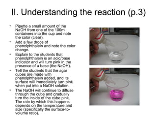 II. Understanding the reaction (p.3)
• Pipette a small amount of the
NaOH from one of the 100ml
containers into the cup and note
the color (clear).
• Add a few drops of
phenolphthalein and note the color
change.
• Explain to the students that
phenolphthalein is an acid/base
indicator and will turn pink in the
presence of a base (the NaOH).
• Tell the students that the agar
cubes are made with
phenolphthalein added, and its
surface will immediately turn pink
when put into a NaOH solution.
• The NaOH will continue to diffuse
through the cube and gradually
turn the inside of the cube pink.
The rate by which this happens
depends on the temperature and
size (specifically the surface-to-
volume ratio).
 
