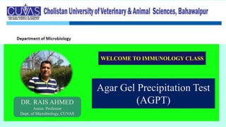 Agar Gel Precipitation Test
(AGPT)
DR. RAIS AHMED
Assist. Professor
Dept. of Microbiology, CUVAS
WELCOME TO IMMUNOLOGY CLASS
 