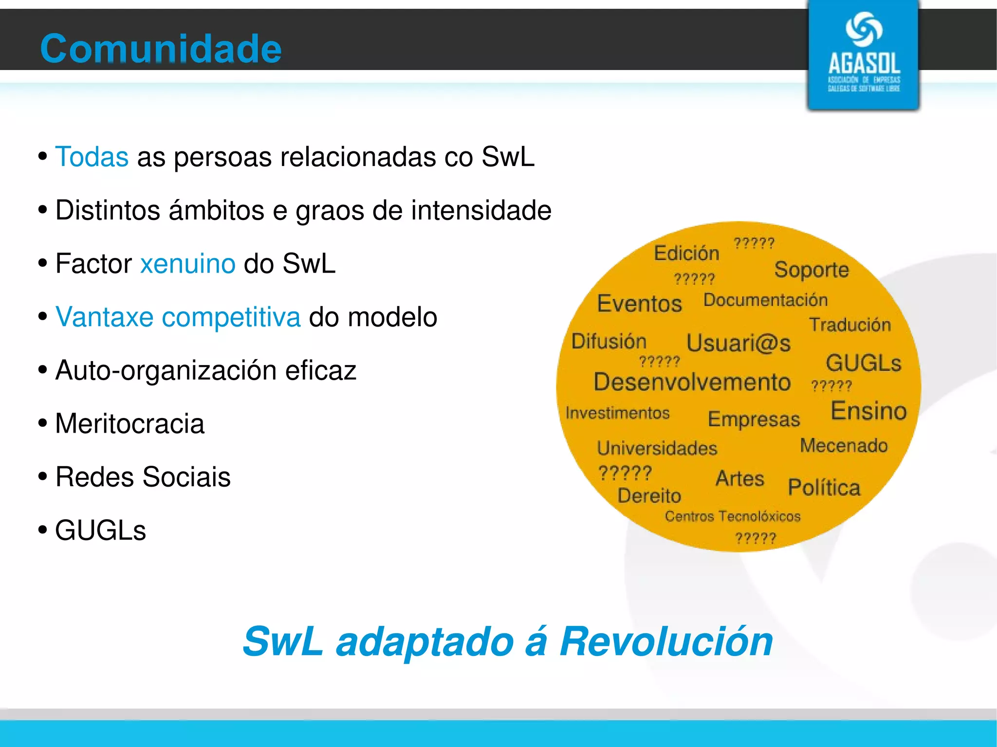 Comunidade Todas  as persoas relacionadas co SwL Distintos ámbitos e graos de intensidade Factor  xenuino  do SwL Vantaxe competitiva  do modelo Auto-organización eficaz Meritocracia Redes Sociais GUGLs SwL adaptado á Revolución 