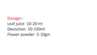 Dosage:- 
Leaf juice- 10-20 ml 
Decoction- 50-100ml 
Flower powder- 5-10gm 
 