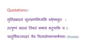 Quotations:- 
मुनिव्रक्षदलं लूताव्रणविध्िंसि शललष्े्मिुत I 
तत्पुष्पं िातलं नतक्तं कषायं कटुपाकक च II 
चातुर्थिकज्िरहरं चैि वपतशललष्मापकषिणम I Shodala 
