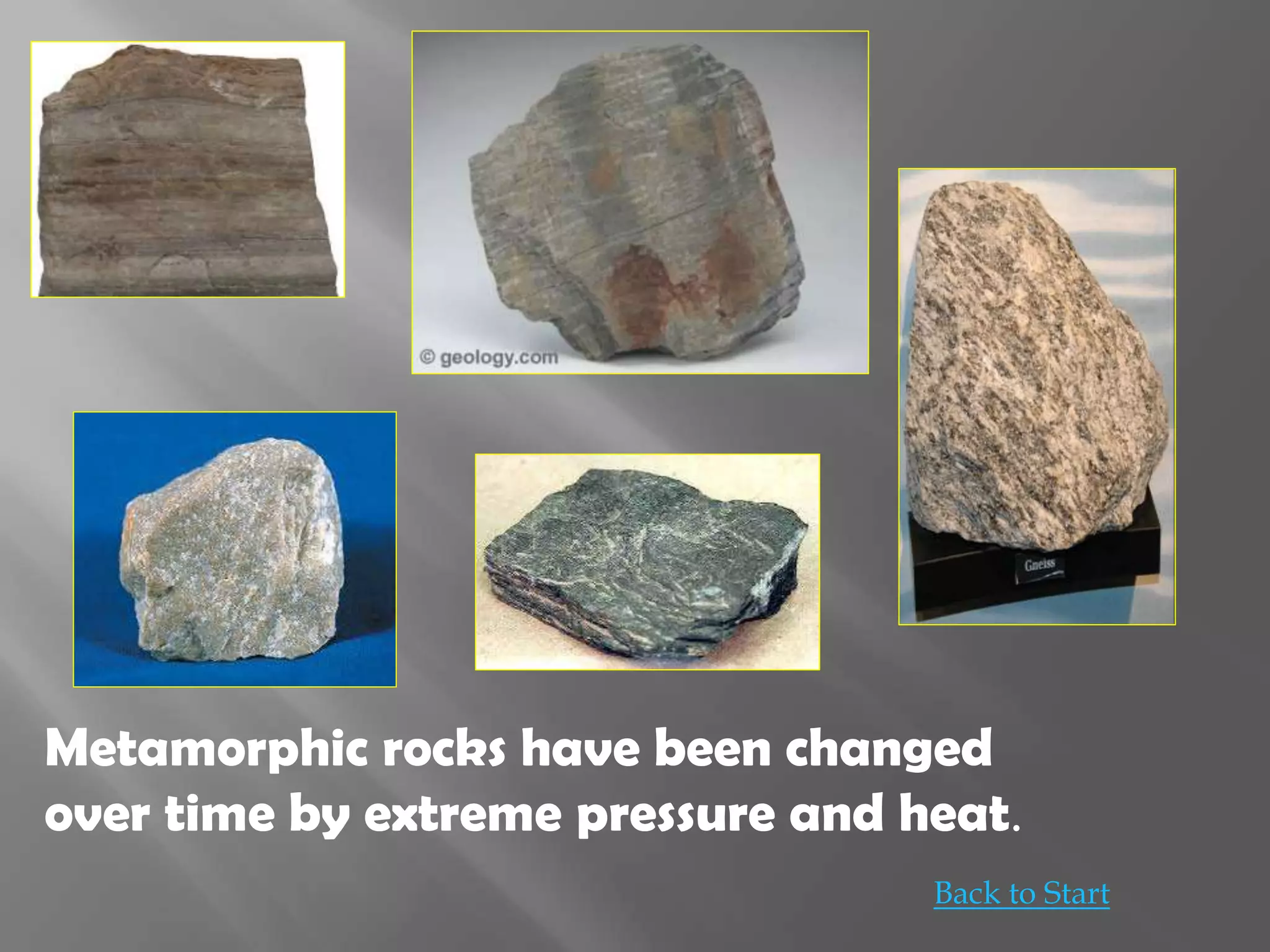 Metamorphic rocks have been changed
over time by extreme pressure and heat.
Back to Start
 