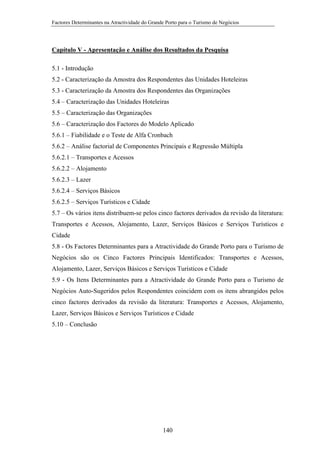 Factores Determinantes na Atractividade do Grande Porto para o Turismo de Negócios

Capítulo V - Apresentação e Análise dos Resultados da Pesquisa
5.1 - Introdução
5.2 - Caracterização da Amostra dos Respondentes das Unidades Hoteleiras
5.3 - Caracterização da Amostra dos Respondentes das Organizações
5.4 – Caracterização das Unidades Hoteleiras
5.5 – Caracterização das Organizações
5.6 – Caracterização dos Factores do Modelo Aplicado
5.6.1 – Fiabilidade e o Teste de Alfa Cronbach
5.6.2 – Análise factorial de Componentes Principais e Regressão Múltipla
5.6.2.1 – Transportes e Acessos
5.6.2.2 – Alojamento
5.6.2.3 – Lazer
5.6.2.4 – Serviços Básicos
5.6.2.5 – Serviços Turísticos e Cidade
5.7 – Os vários itens distribuem-se pelos cinco factores derivados da revisão da literatura:
Transportes e Acessos, Alojamento, Lazer, Serviços Básicos e Serviços Turísticos e
Cidade
5.8 - Os Factores Determinantes para a Atractividade do Grande Porto para o Turismo de
Negócios são os Cinco Factores Principais Identificados: Transportes e Acessos,
Alojamento, Lazer, Serviços Básicos e Serviços Turísticos e Cidade
5.9 - Os Itens Determinantes para a Atractividade do Grande Porto para o Turismo de
Negócios Auto-Sugeridos pelos Respondentes coincidem com os itens abrangidos pelos
cinco factores derivados da revisão da literatura: Transportes e Acessos, Alojamento,
Lazer, Serviços Básicos e Serviços Turísticos e Cidade
5.10 – Conclusão

140

 