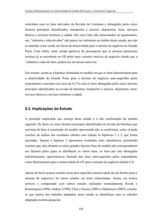 Factores Determinantes na Atractividade do Grande Porto para o Turismo de Negócios

coincidem com os itens derivados da Revisão da Literatura e abrangidos pelos cinco
factores principais identificados: transportes e acessos, alojamento, lazer, serviços
básicos e serviços turísticos e cidade. Dos onze itens não mencionados no questionário,
um, “industria e mão-de-obra” não parece ter cabimento no âmbito deste estudo, por não
se entender como sendo um factor de atractividade para o turismo de negócios no Grande
Porto. Com efeito, neste estudo partiu-se do pressuposto que as pessoas (potenciais
turistas) já se encontram no GP pelos mais variados motivos de negócios (sendo que a
“industria e mão-de-obra, poderá ser um desses motivos).

Em resumo, aceita-se a hipótese formulada na medida em que os itens determinantes para
a atractividade do Grande Porto para o turismo de negócios auto-sugeridos pelos
respondentes coincidem em cerca de 61,7% com os itens abrangidos pelos cinco factores
principais identificados na revisão da literatura: transportes e acessos, alojamento, lazer,
serviços básicos e serviços turísticos e cidade.

6.3. Implicações do Estudo
A principal implicação que emerge deste estudo é a não confirmação do modelo
sugerido. De facto, os cinco factores principais identificados na revisão da literatura que
serviram de base à construção do modelo apresentado não se confirmam, como se pode
concluir da análise dos resultados obtidos com relação às hipóteses 1 e 2, que foram
rejeitadas. Apenas a hipótese 3 apresentou resultados mais satisfatórios, permitindo
concluir que, não obstante os cinco grandes factores base do modelo não corresponderem
aos factores pelos quais se distribuem os vários itens, os itens por eles abrangidos
indistintamente, aproximam-se bastante dos itens auto-sugeridos pelos respondentes
como determinantes para a atractividade do GP para o turismo de negócios (tabela 6.3).

Apesar de haver poucos estudos nesta área específica (atractividade de um destino para o
turismo de negócios), há vários estudos em áreas relacionadas. Assim, em termos
teóricos e comparando com outros estudos realizados nomeadamente Kozak e
Rimmington (1998); Jenkins (1999), Chen e Gursoy (2001) e Hankinson (2005), concluise que muitos dos métodos adoptados neste estudo se identificam com os métodos
adoptados noutras pesquisas.
191

 