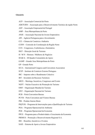 Glossário

ACP – Associação Comercial do Porto
ADETURN – Associação para o Desenvolvimento Turístico da região Norte
AEP – Associação Empresarial de Portugal
AMP – Área Metropolitana do Porto
ANJE – Associação Nacional de Jovens Empresários
API – Agência Portuguesa para o Investimento
CCI – Câmara de Comércio e Indústria
CCRN – Comissão de Coordenação da Região Norte
CCS – Congressos, Conferências e Seminários
DGT – Direcção Geral de Turismo
H / M N – Homens / Mulheres de Negócios
III QCA – III Quadro Comunitário de Apoio
GAMP – Grande Área Metropolitana do Porto
GP - Grande Porto
ICCA – International Congress and Convention Association
ICEP – Instituto de Comércio Externo Portugues
IRC – Imposto sobre o Rendimento Colectivo
IRT – Inventário de Recursos Turísticos
MICE – Meetings, Incentives, Congresses and Events
NEPT – Núcleo Executivo de Promoção do Turismo
OMT – Organização Mundial de Turismo
ONT – Organização Nacional de Turismo
PCB – Porto Convention Bureau
PCVB – Porto Convention and Visitors Bureau
PIB – Produto Interno Bruto
PIQTUR – Programa de Intervenções para a Qualificação do Turismo
POA – Programa Operacional do Ambiente
POE – Programa Operacional da Economia
PPCE – Programa para a Produtividade e Crescimento da Economia
PRIMUS – Promoção e Desenvolvimento Regional S.A.
RIE – Reuniões, Incentivos e Eventos
SAJE – Sistema de Apoio a Jovens Empresários
xxi

 