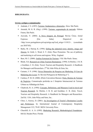 Factores Determinantes na Atractividade do Grande Porto para o Turismo de Negócios

BIBLIOGRAFIA

Livros e artigos e comunicações
Andrade, J. V. (1997). Turismo: fundamentos e dimensões. Ática. São Paulo.
Ansarah, M. G. R. (Org.). (1999). Turismo: segmentação de mercado. Editora
Futura, São Paulo.
Azevedo, V. (2004). A Nova Imagem de Portugal. Revisa Única. Jornal
Expresso.

[Em

linha].

Disponível

em

<http://www.portugalnews.pt/icep/artigo.asp?cod_artigo=111013>.

(consultado

em 30/07/05).
Barke, M. e Harrop, K. (1994). Selling the industrial town: identity, image and
illusion. In: Gold, J.; Ward, S. V. (Eds). Place Promotion. The use of publicity
and marketing to sell towns and regions. Wiley. England.
Beni, M. C. (2000). Análise Estrutural do Turismo. 3 Ed. São Paulo. Senac.
Blank, Uel, Research on Urban Tourism Destinations. (1994). In Ritchie, J. R. B.
e Goeldner, C. R. (Eds). Travel, Tourism and Hospitality Research: A Handbook
for Managers and Researchers. 2nd Ed. John Wiley & Sons, Inc.
Caetano, J. P. (1996). Novas Dimensões da Pesquisa em Marketing: O Caso do
Marketing dos Locais. In: Revista Portuguesa de Marketing nº 2.
Cardoso, P. M. D. (2000). (Porto Convention Bureau). Porto, Destino de Turismo
de Negócios. Comunicação proferida no I Simpósio Internacional de Turismo
Urbano na Alfândega do Porto.
Chadwick, R. A. (1994). Concepts, Definitions, and Measures Used in travel and
Tourism Research. In: Ritchie, J. R. B. and Goeldner, C. R. (Eds). Travel,
Tourism and Hospitality Research: A Handbook for Managers and Researchers.
2nd Ed.. USA. John Wiley and Sons, Inc..
Chen, J., Gursoy, D. (2001). An Investigation of Tourist’s Destination Loyalty
and Preferences. In: International Journal of Contemporary Hospitality
Management 13/2, 79-85. MCB. University Press.
Churchill, G. A. Jr. (1995). Marketing Research. Methodological Foundations.
6th Ed. Dryden Press. Florida

211

 