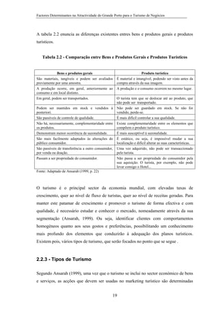 Factores Determinantes na Atractividade do Grande Porto para o Turismo de Negócios

A tabela 2.2 enuncia as diferenças existentes entres bens e produtos gerais e produtos
turísticos.

Tabela 2.2 - Comparação entre Bens e Produtos Gerais e Produtos Turísticos

Bens e produtos gerais
São materiais, tangíveis e podem ser avaliados
previamente por uma amostra.
A produção ocorre, em geral, anteriormente ao
consumo e em local distinto.
Em geral, podem ser transportados.
Podem ser mantidos em stock e vendidos à
posteriori.
São passíveis de controle de qualidade.
Não há, necessariamente, complementaridade entre
os produtos.
Demonstram menor ocorrência de sazonalidade.
São mais facilmente adaptados às alterações do
público consumidor.
São passíveis de transferência a outro consumidor,
por venda ou doação.
Passam a ser propriedade do consumidor.

Produto turístico
É material e intangível, podendo ser visto antes da
compra através da sua imagem.
A produção e o consumo ocorrem no mesmo lugar.
O turista tem que se deslocar até ao produto, que
não pode ser transportado.
Não pode ser guardado em stock. Se não for
vendido, perde-se.
É mais difícil controlar a sua qualidade.
Existe complementaridade entre os elementos que
compõem o produto turístico.
É mais susceptível à sazonalidade.
É estático, ou seja, é impossível mudar a sua
localização e difícil alterar as suas características.
Uma vez adquirido, não pode ser transaccionado
pelo turista.
Não passa a ser propriedade do consumidor pela
sua aquisição. O turista, por exemplo, não pode
levar consigo o Hotel...

Fonte: Adaptado de Ansarah (1999, p. 22)

O turismo é o principal sector da economia mundial, com elevadas taxas de
crescimento, quer ao nível de fluxo de turistas, quer ao nível de receitas geradas. Para
manter este patamar de crescimento e promover o turismo de forma efectiva e com
qualidade, é necessário estudar e conhecer o mercado, nomeadamente através da sua
segmentação (Ansarah, 1999). Ou seja, identificar clientes com comportamentos
homogéneos quanto aos seus gostos e preferências, possibilitando um conhecimento
mais profundo dos elementos que conduzirão à adequação dos planos turísticos.
Existem pois, vários tipos de turismo, que serão focados no ponto que se segue .

2.2.3 - Tipos de Turismo
Segundo Ansarah (1999), uma vez que o turismo se inclui no sector económico de bens
e serviços, as acções que devem ser usadas no marketing turístico são determinadas
19

 