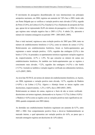 Factores Determinantes na Atractividade do Grande Porto para o Turismo de Negócios

O movimento de passageiros desembarcados de voos internacionais nos principais
aeroportos nacionais, em 2004, registou um aumento de 7,8% face a 2003, tendo sido
em Ponta Delgada que se verificou a variação positiva mais elevada (17,0%), seguido
do Porto (13,8%), de Lisboa (12,3%), Funchal (2,1%) e finalmente do aeroporto de Faro
que, apesar de ter representado 26,8% do número de passageiros e m 2004, foi o único
que registou uma variação negativa face a 2003 (-1,5%). A tabela 2.6., apresenta o
número de visitantes estrangeiros no período 1999 – 2003 (DGT, 2005).

Para o total nacional, registou-se uma evolução positiva de 2003 para 2004, tanto no
número de estabelecimentos hoteleiros (+1,2%), como no número de camas (+3,3%).
Relativamente aos estabelecimentos hoteleiros, foram os hotéis-apartamentos que
registaram a maior variação positiva, +5,8%, seguidos das estalagens (3,5%) e dos
hotéis (+3,3%). As pousadas e os apartamentos turísticos registaram variações negativas
de, respectivamente, -6,7% e -1,9%. No que concerne ao número de camas nos
estabelecimentos hoteleiros, foi também nos hotéis-apartamentos que se registou o
crescimento mais elevado, +7,2%, seguidos das estalagens (+6,3%) e dos hotéis
(+5,7%). Assinale-se também a variação negativa verificada nos aldeamentos turísticos,
-4,1% (DGT, 2005).

Ao nível das NUTS II, em termos de número de estabelecimentos hoteleiros, os Açores,
em 2004, registaram a variação positiva mais elevada, +8,7%, seguidos da Madeira
(+4,9%) e de Lisboa (+2,7%). Algarve e Alentejo foram as únicas regiões com
decréscimos, respectivamente, -1,2% e -0,8%, face a 2003 (DGT, 2005).
Relativamente ao número de camas, registe-se o facto de não se terem verificado
decréscimos em termos regionais, destacando-se os Açores (+13,7%), Lisboa (+8,8%)
e Madeira (+4,4%) como as regiões com as variações positivas mais significativas em
2004, quando comparado com 2003 (idem).

As dormidas nos estabelecimentos hoteleiros registaram um aumento de 0,7%, entre
2003 e 2004. Este comportamento positivo ficou a dever-se fundamentalmente ao
mercado interno, o qual apresentou um variação positiva de 4,4%, ao passo que o
mercado estrangeiro registou um decréscimo de 1,0% (idem).

31

 